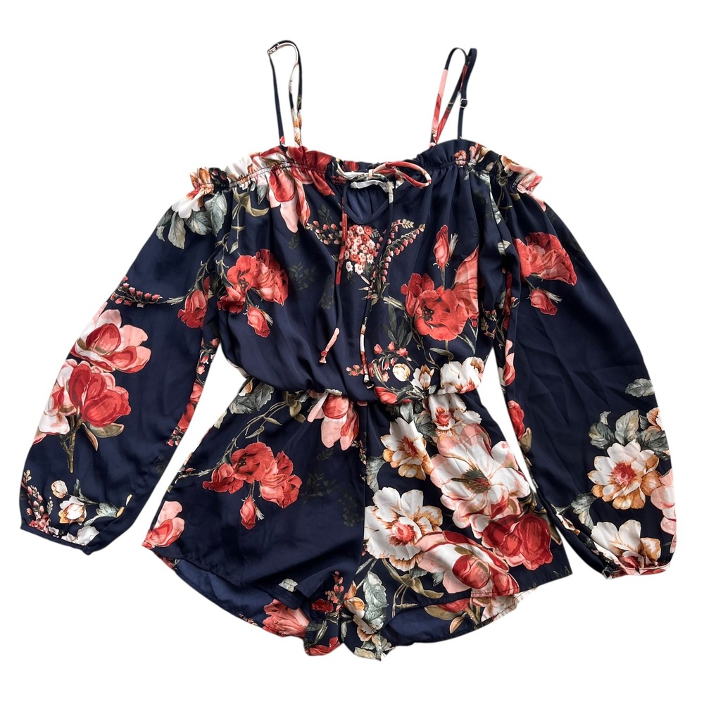 Peach Love California Women's S Navy Org Floral Off Shoulder Long Sl Romper Boho